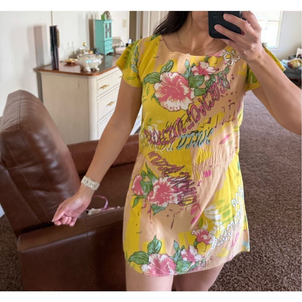 Hawaiian yellow tropical mini dress short sleeve exptic island vacation pullover